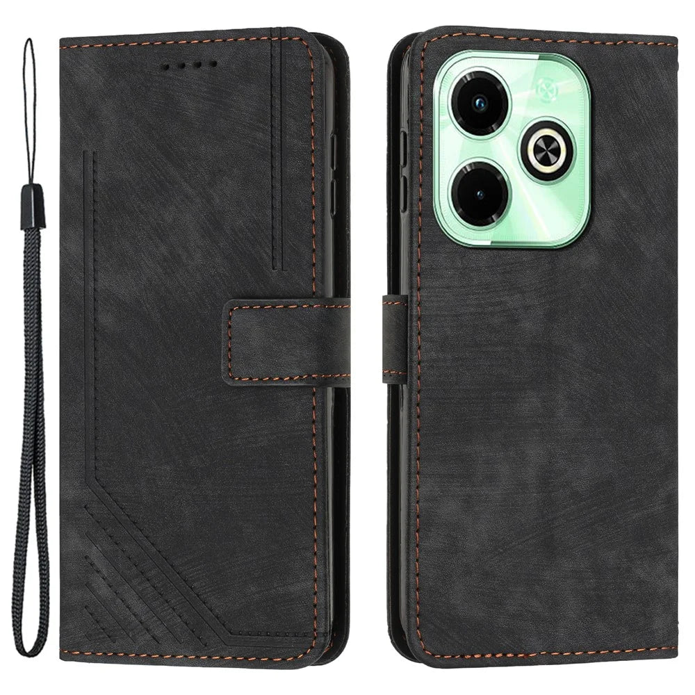 For Infinix Hot 40i Wallet Phone Cover Skin-Friendly Flip Leather Case Imprinted Line - Black - 1