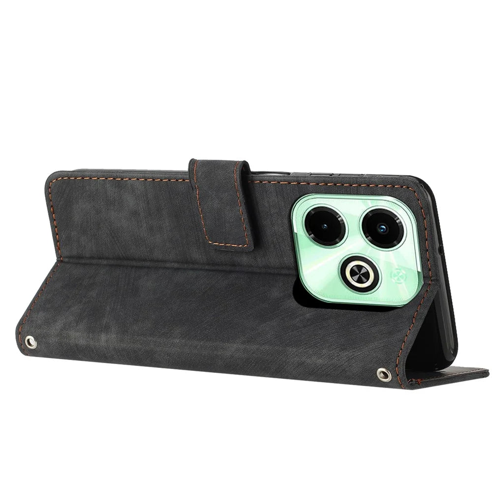 For Infinix Hot 40i Wallet Phone Cover Skin-Friendly Flip Leather Case Imprinted Line - Black - 3