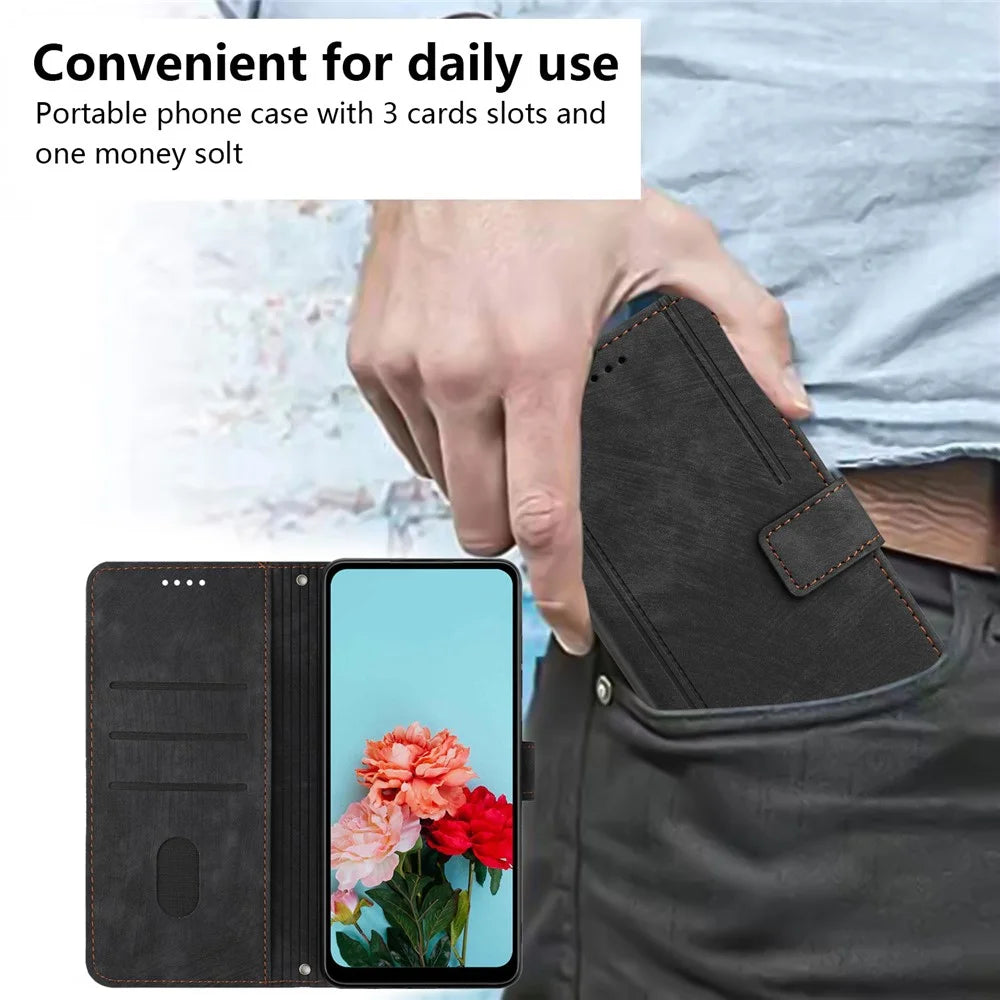For Infinix Hot 40i Wallet Phone Cover Skin-Friendly Flip Leather Case Imprinted Line - Black - 5