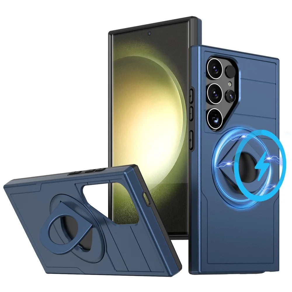 For Samsung Galaxy S24 Ultra Magnetic Case Ring Kickstand PC + TPU Phone Cover - Sapphire - 1