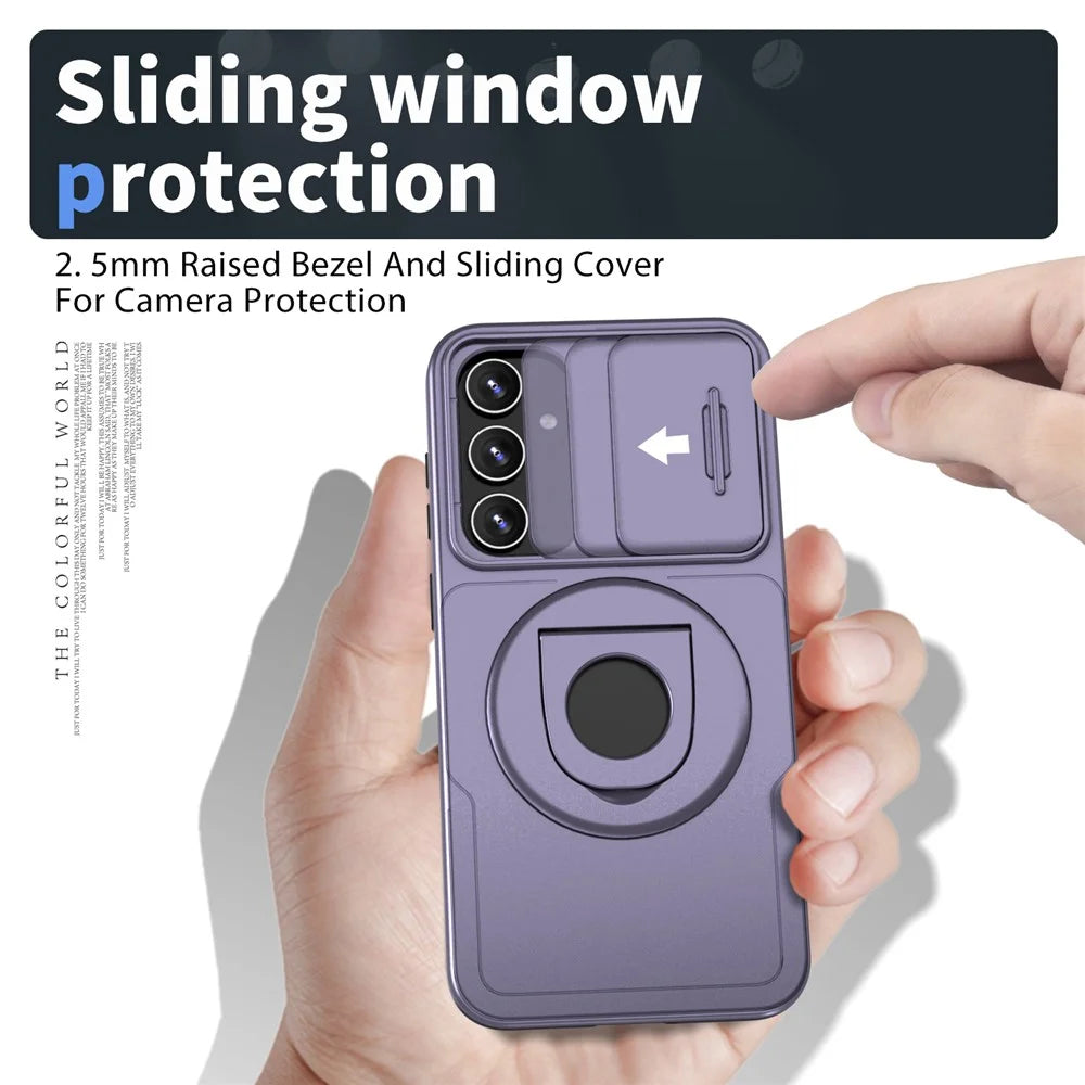 For Samsung Galaxy S23 FE Magnetic Phone Case PC+TPU Cover with Slide Lens Window - Purple - 5