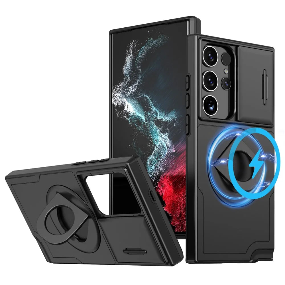 For Samsung Galaxy S22 Ultra 5G Magnetic Case Slide Lens Window N52 Magnet+PC+TPU Phone Cover - Black - 1