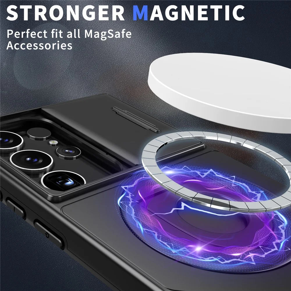 For Samsung Galaxy S22 Ultra 5G Magnetic Case Slide Lens Window N52 Magnet+PC+TPU Phone Cover - Black - 3