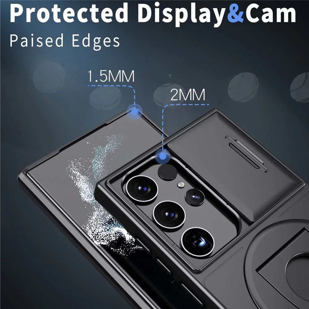 For Samsung Galaxy S22 Ultra 5G Magnetic Case Slide Lens Window N52 Magnet+PC+TPU Phone Cover - Black - 5