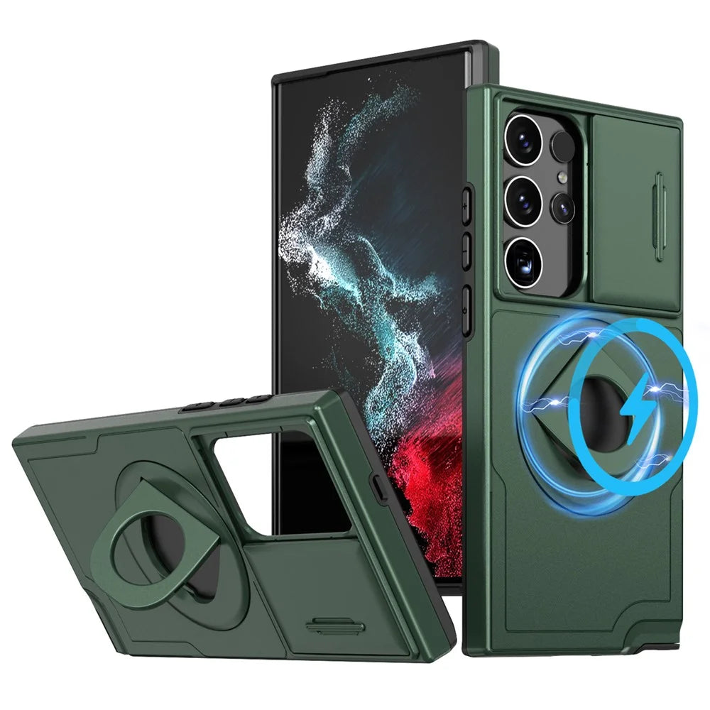 For Samsung Galaxy S23 Ultra Magnetic Phone Case N52 Magnet+PC+TPU Drop-resistant Kickstand Cover - Blackish Green - 1