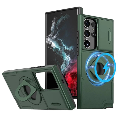 For Samsung Galaxy S23 Ultra Magnetic Phone Case N52 Magnet+PC+TPU Drop-resistant Kickstand Cover - Blackish Green - 1