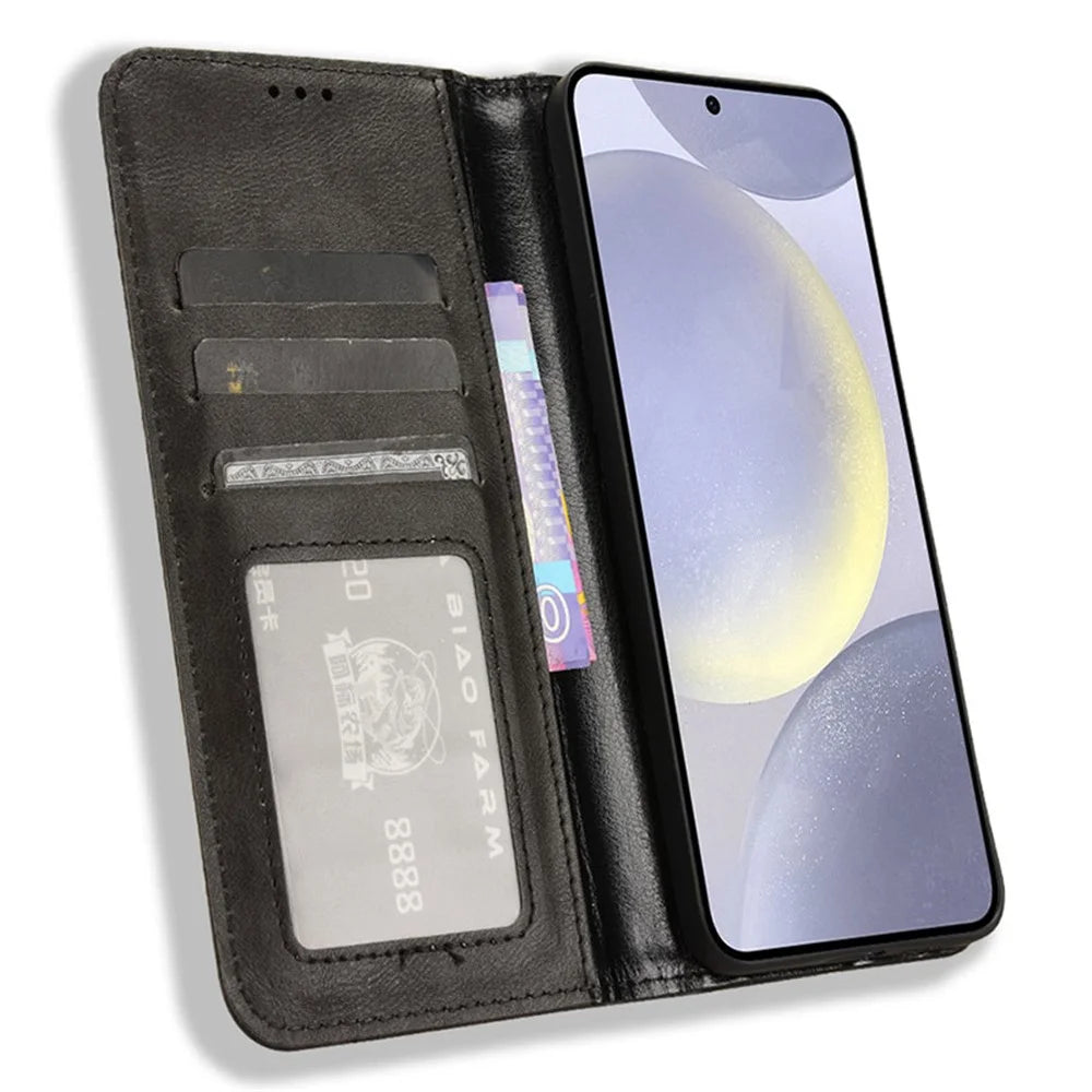 For Samsung Galaxy S24 Retro Phone Case Magnetic Closing Wallet Leather Cover - Black - 2