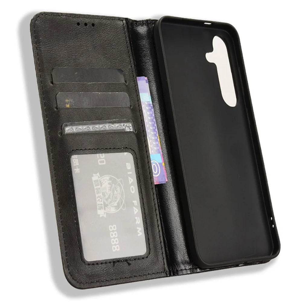 For Samsung Galaxy S24 Retro Phone Case Magnetic Closing Wallet Leather Cover - Black - 5