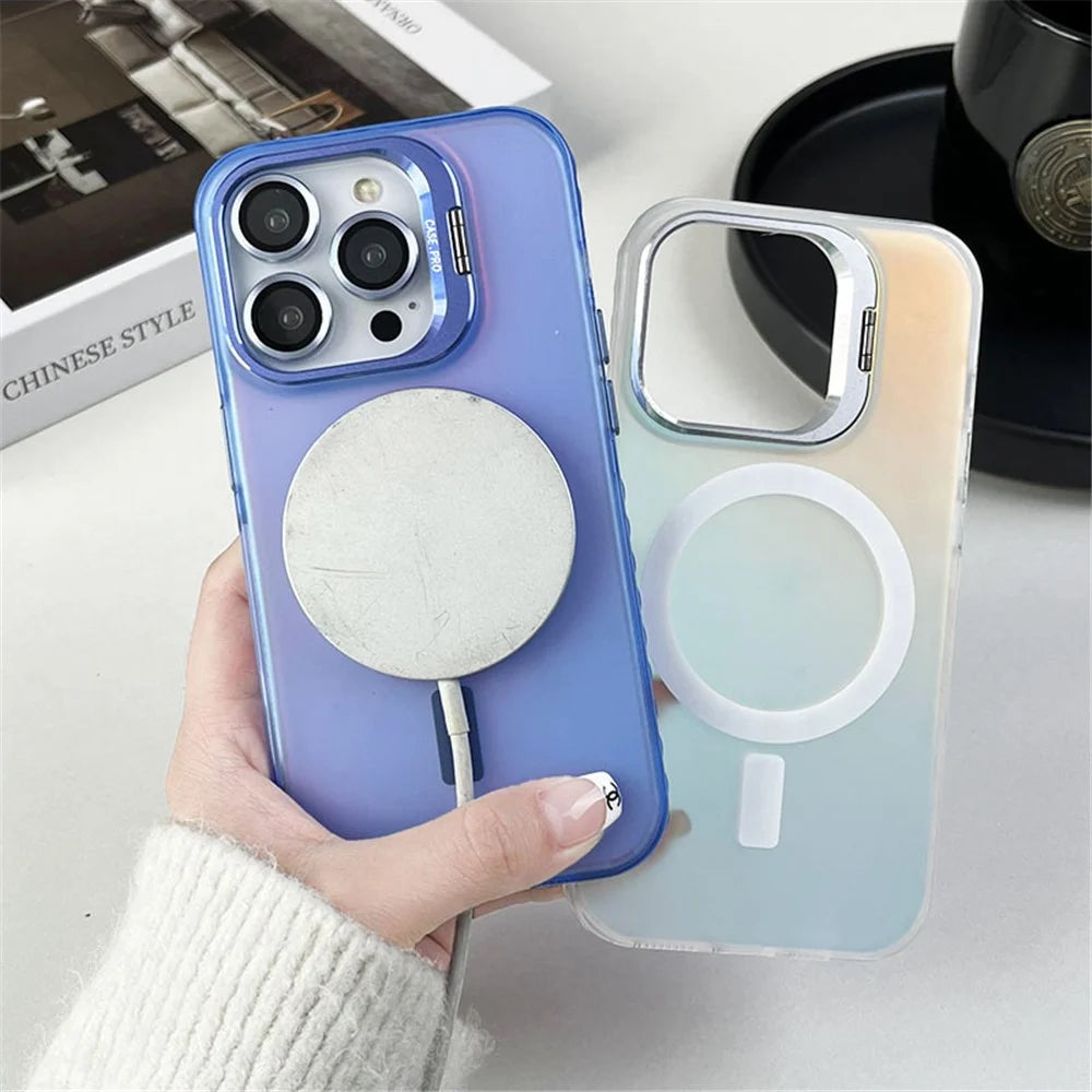 For iPhone 12 / 12 Pro Case Camera Kickstand IMD PC+TPU Phone Cover Compatible with MagSafe - Purple - 5