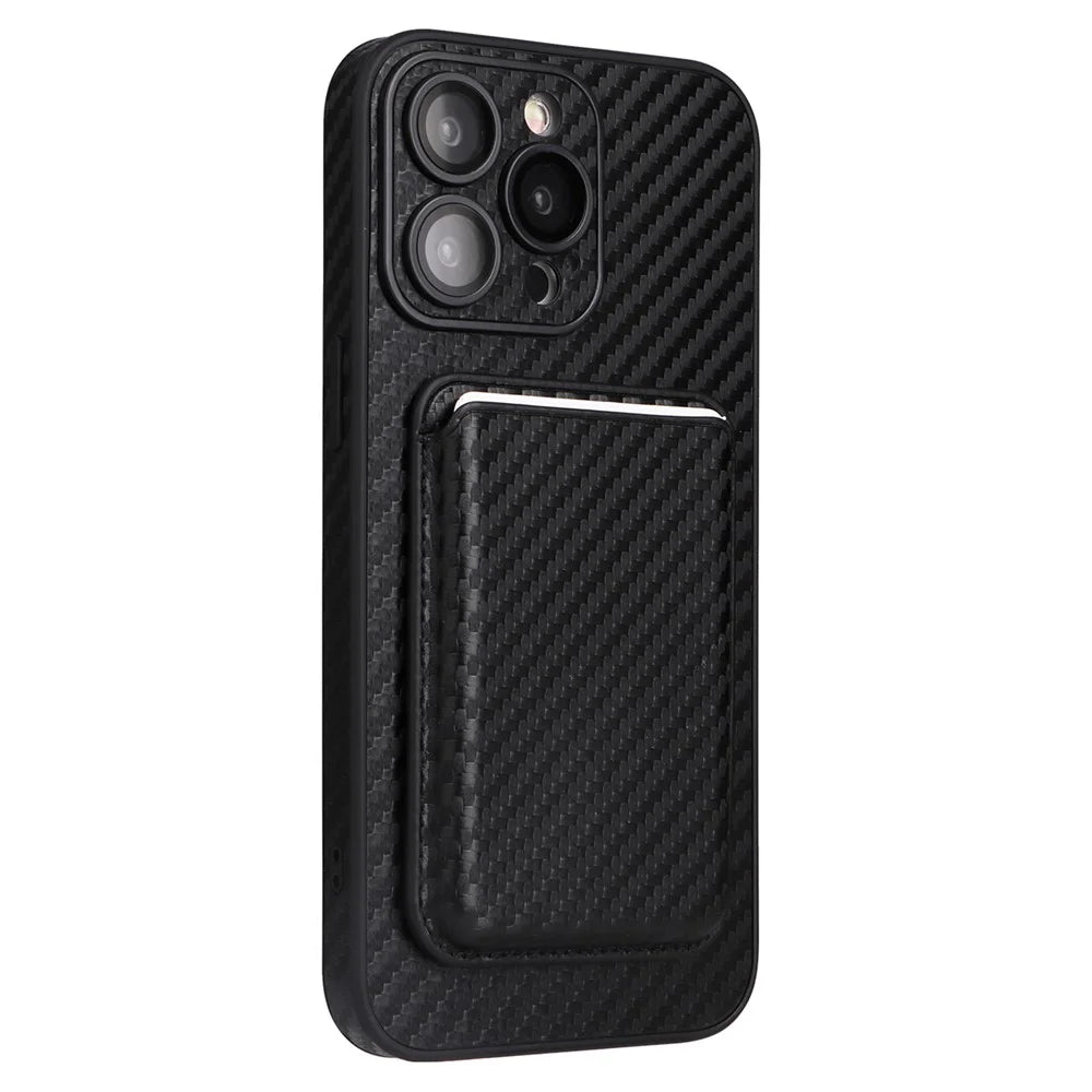 For iPhone 15 Pro Case with Magnetic Detachable Card Holder Carbon Fiber Texture Phone Cover - 1