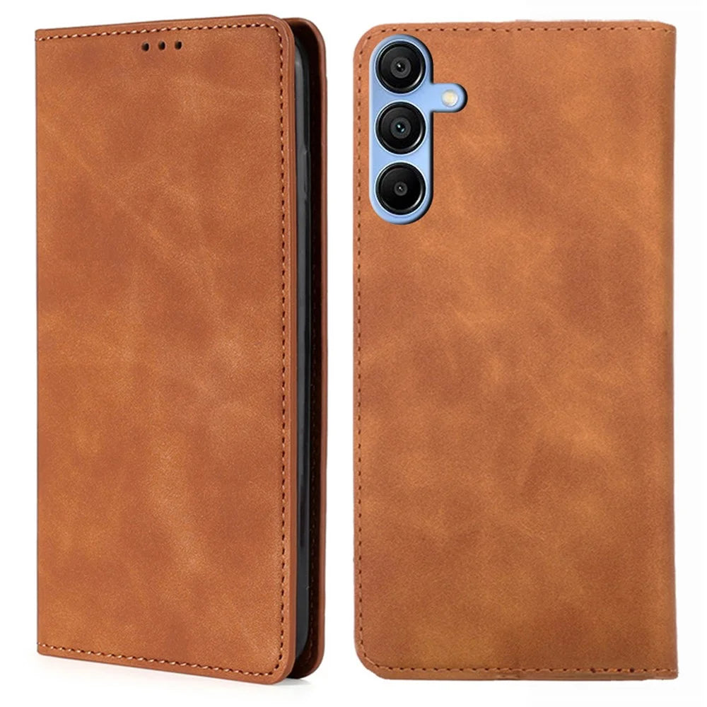 For Samsung Galaxy A15 5G / 4G Case PU Leather Stand Mobile Phone Cover with Card Slots - Light Brown - 1
