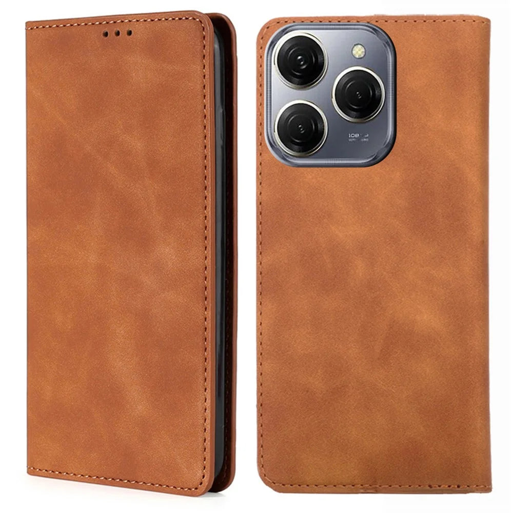 For TECNO Spark 20 Pro Case Anti-Scratch PU Leather Stand Card Slots Cell Phone Cover - Light Brown - 1