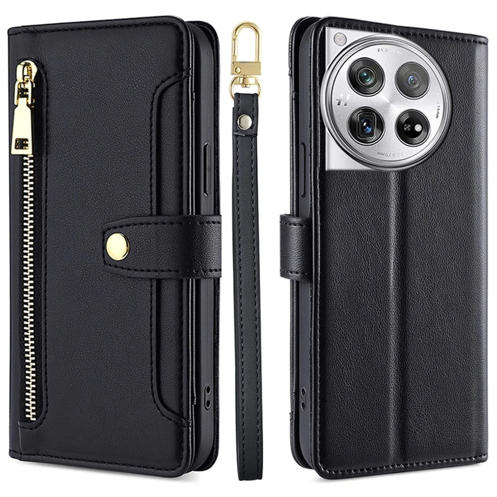 For OnePlus 12 5G Cell Phone Case PU Leather+TPU Stand Wallet Cover with Crossbody Strap - Black - 1