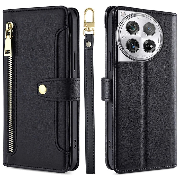 For OnePlus 12 5G Cell Phone Case PU Leather+TPU Stand Wallet Cover with Crossbody Strap - Black - 1