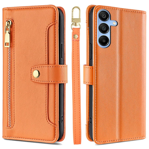 For Samsung Galaxy A15 4G / A15 5G Magnetic Phone Case Zipper Pocket 6 Card Holders Cover - Orange - 1