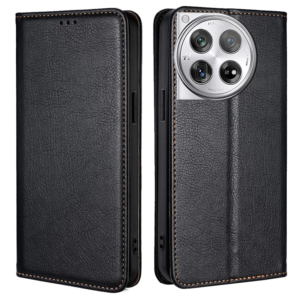 For OnePlus 12 5G Case Magnetic Anti-scratch PU Leather Wallet Card Slots Phone Cover - Black - 1