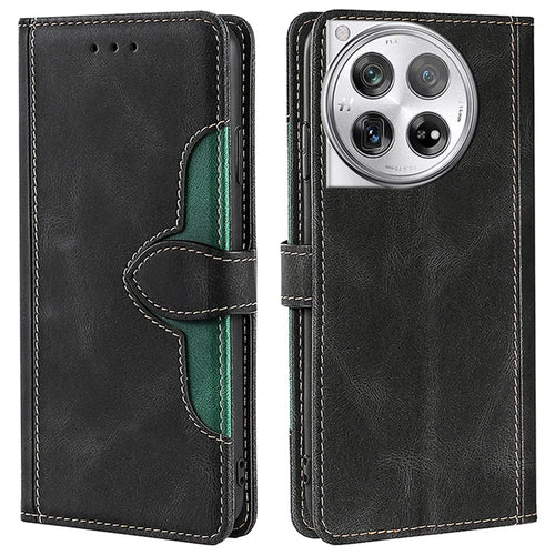For OnePlus 12 5G Cover Straw Hat Design Shockproof PU Leather Stand Wallet Cell Phone Case - Black - 1