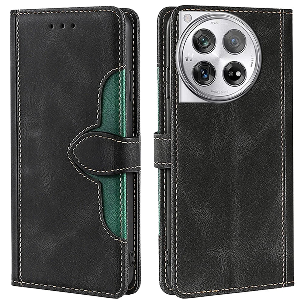 For OnePlus 12 5G Cover Straw Hat Design Shockproof PU Leather Stand Wallet Cell Phone Case - Black - 1