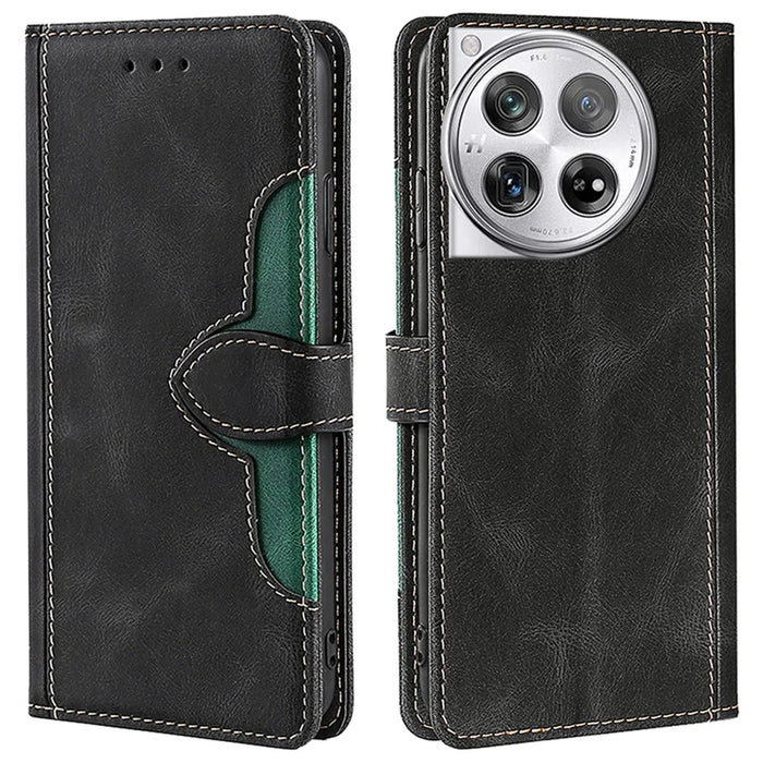 For OnePlus 12 5G Cover Straw Hat Design Shockproof PU Leather Stand Wallet Cell Phone Case - Black - 1