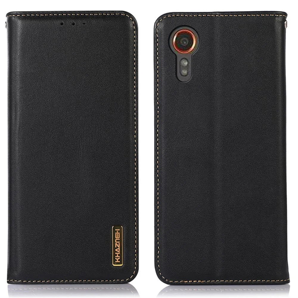 KHAZNEH For Samsung Galaxy Xcover7 Genuine Cow Leather Case Phone Wallet Stand - Black - 2