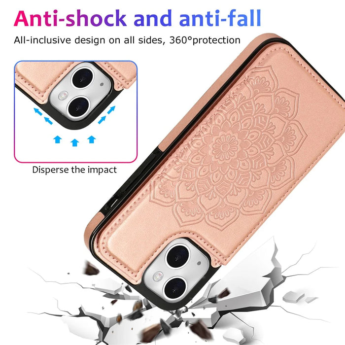 For iPhone 15 Cell Phone Case Imprinted Mandala Flower PU Leather+TPU Cover - Rose Gold - 6