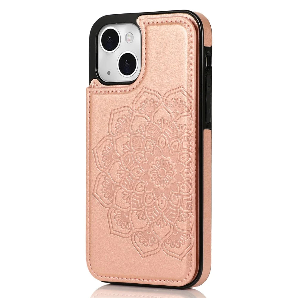 For iPhone 14 Plus Cell Phone Case Imprinted Mandala Flower PU Leather+TPU Back Shell - Rose Gold - 1