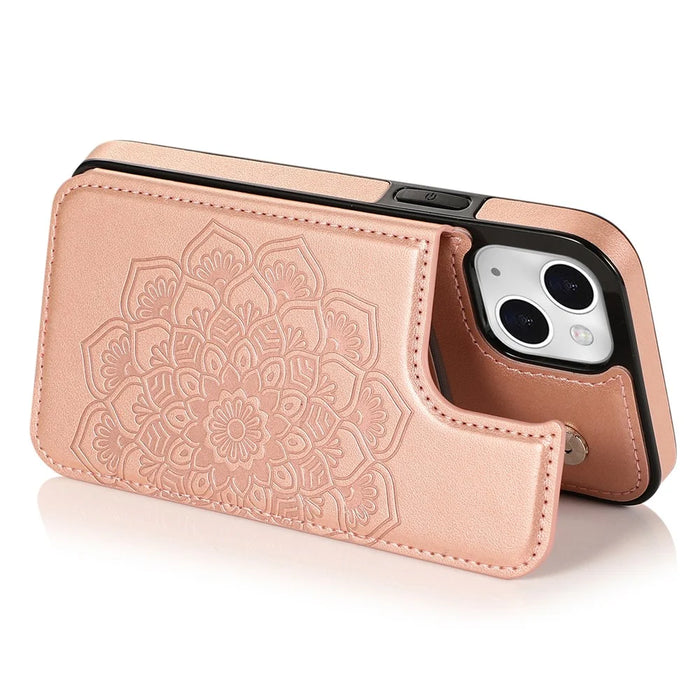 For iPhone 14 Plus Cell Phone Case Imprinted Mandala Flower PU Leather+TPU Back Shell - Rose Gold - 3