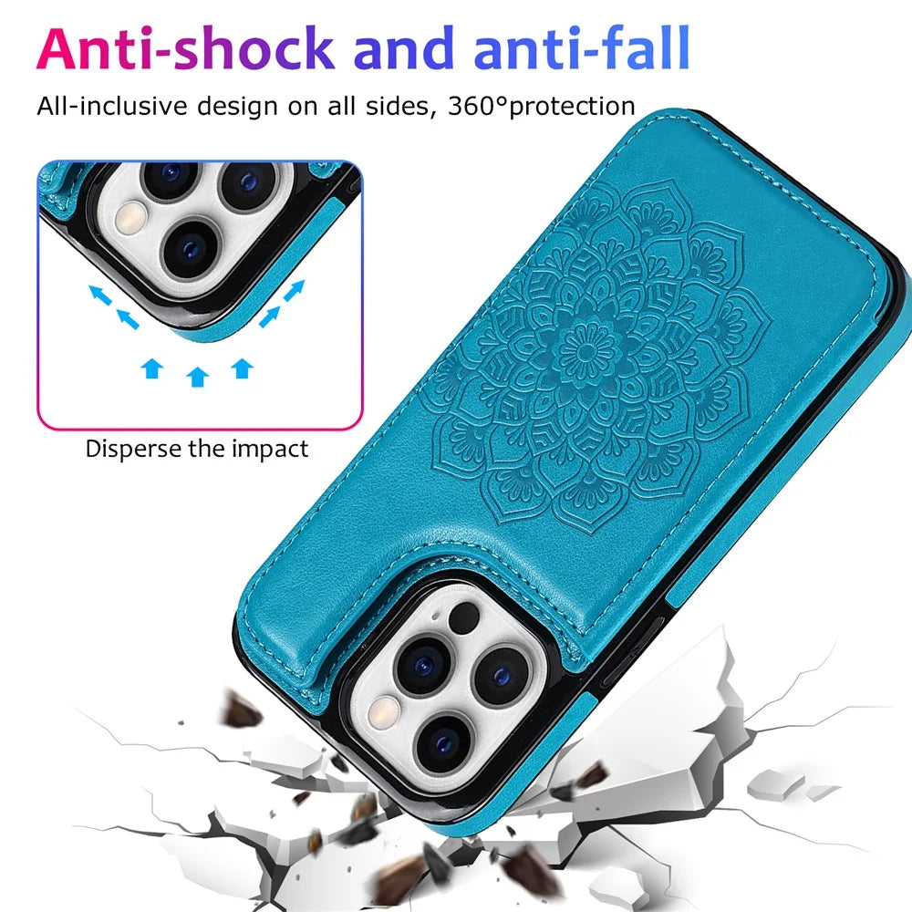 For iPhone 15 Pro Cell Phone Case Imprinted Mandala Flower PU Leather+TPU Anti-fall Cover - Blue - 6
