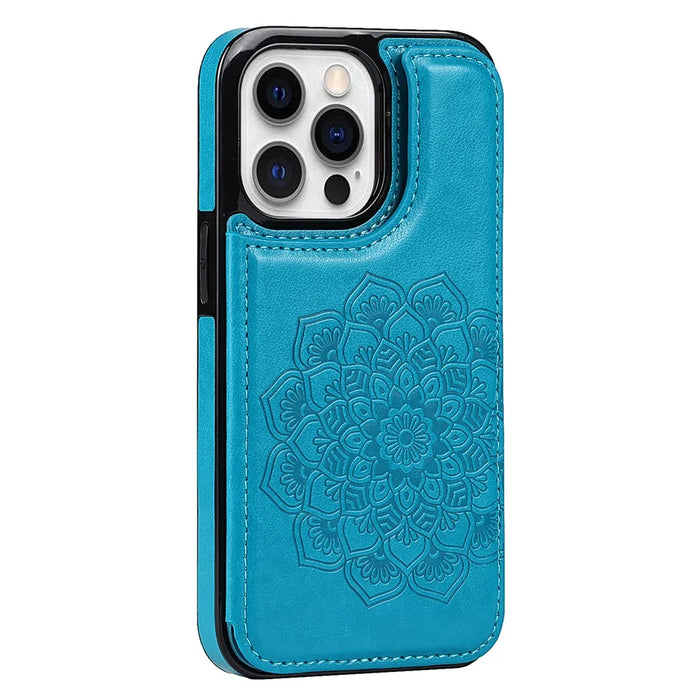 For iPhone 15 Pro Max Cell Phone Case Mandala Imprinted PU Leather+TPU Cover - Blue - 1