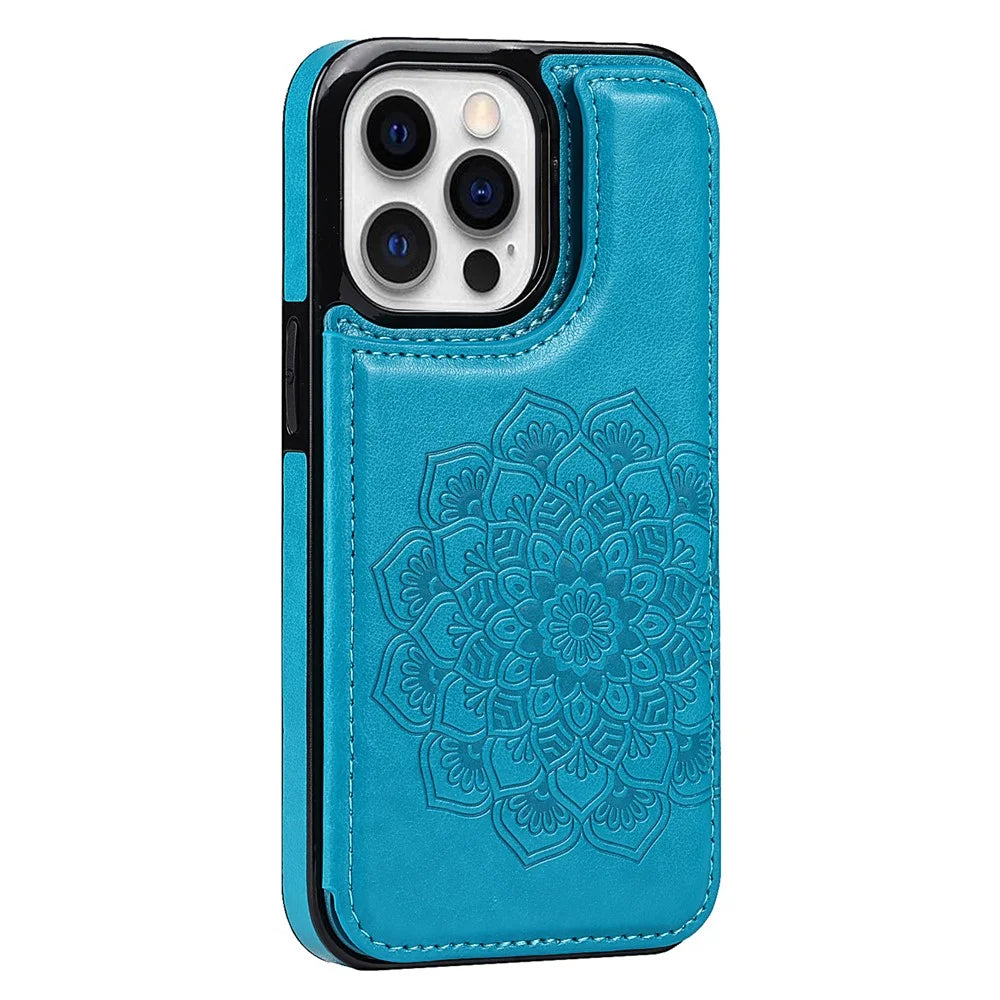 For iPhone 14 Pro Max Cell Phone Case Anti-scratch Mandala Imprinted PU Leather+TPU Cover - Blue - 1