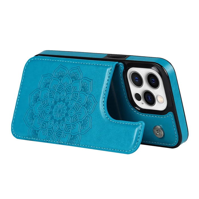 For iPhone 14 Pro Max Cell Phone Case Anti-scratch Mandala Imprinted PU Leather+TPU Cover - Blue - 3