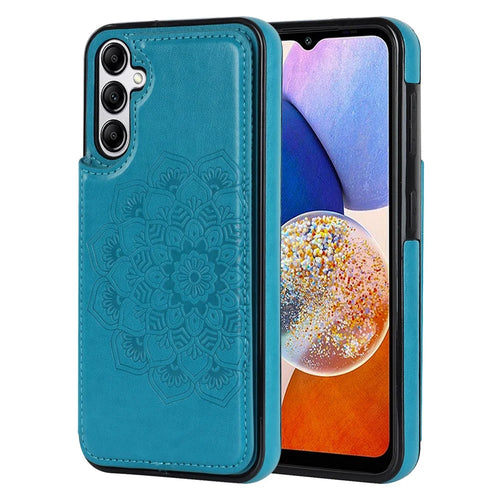 For Samsung Galaxy A14 5G / 4G Leather+TPU Case Kickstand Imprinted Mandala Flower Phone Shell - Dark Blue - 1