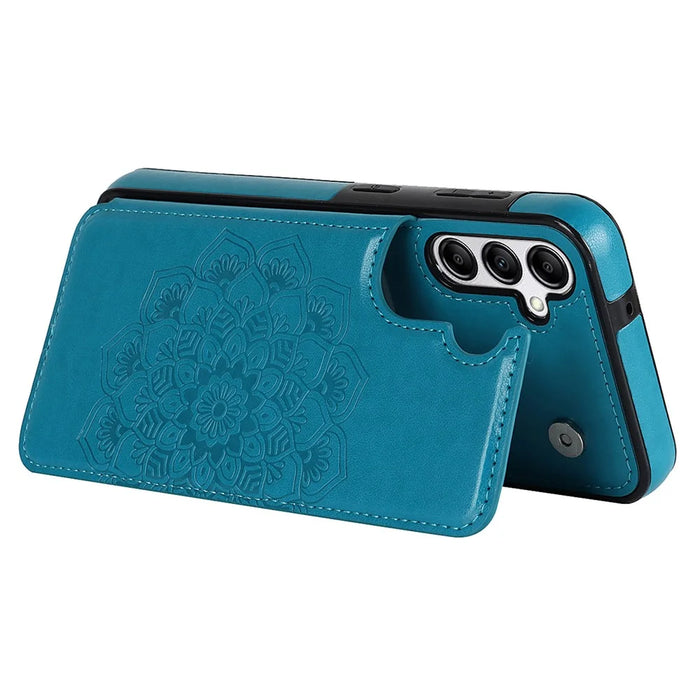 For Samsung Galaxy A14 5G / 4G Leather+TPU Case Kickstand Imprinted Mandala Flower Phone Shell - Dark Blue - 3
