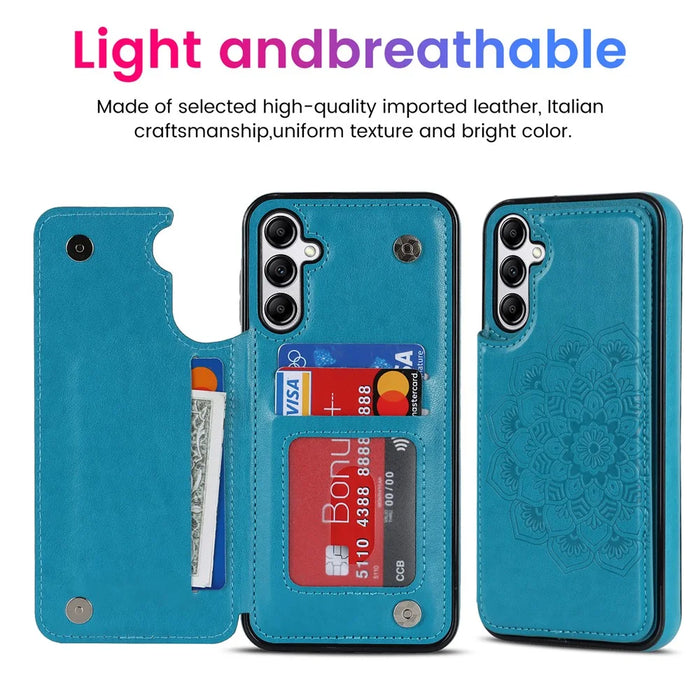 For Samsung Galaxy A14 5G / 4G Leather+TPU Case Kickstand Imprinted Mandala Flower Phone Shell - Dark Blue - 6