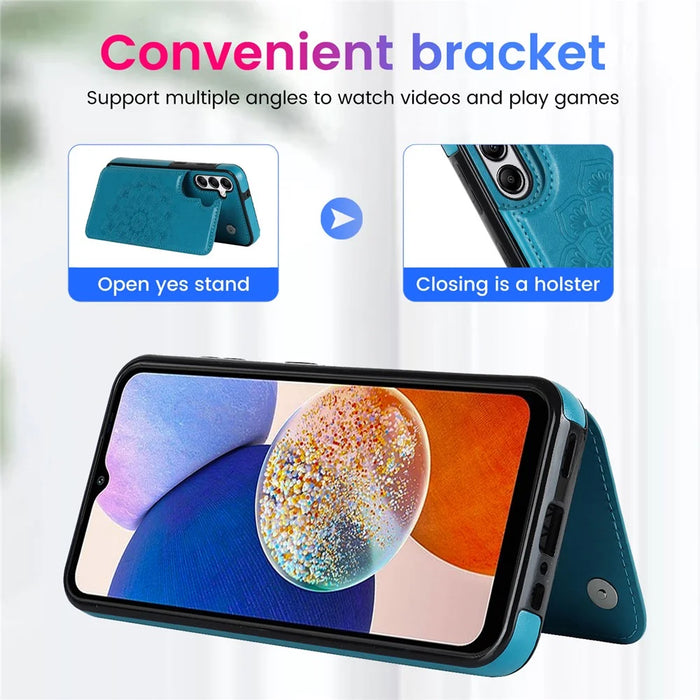 For Samsung Galaxy A14 5G / 4G Leather+TPU Case Kickstand Imprinted Mandala Flower Phone Shell - Dark Blue - 7