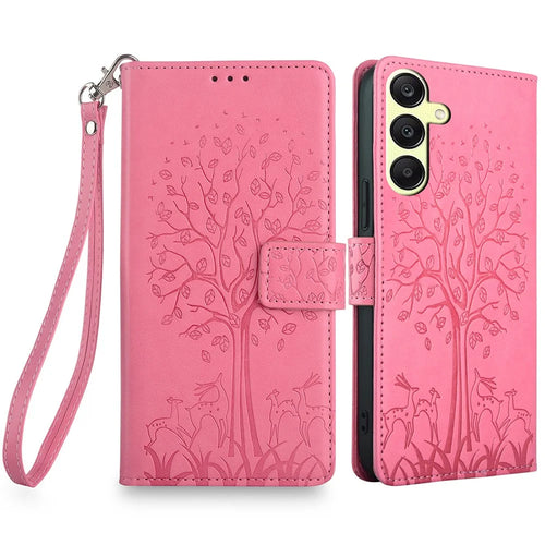 For Samsung Galaxy A25 5G (Global) (161.0 x 76.5 x 8.3mm) Case Imprinted Deer Tree Pattern 3 Card Slots Phone Protector with Hand Strap - Pink - 1
