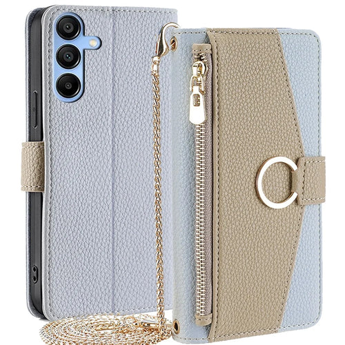 For Samsung Galaxy A15 4G / A15 5G Crossbody Case Leather Wallet Zipper Pocket Smart Phone Cover - Blue - 1