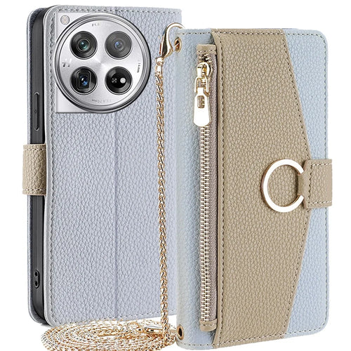 For OnePlus 12 5G Case PU Leather+TPU Zipper Pockets Phone Cover with Mirror and Card Slots - Blue - 1