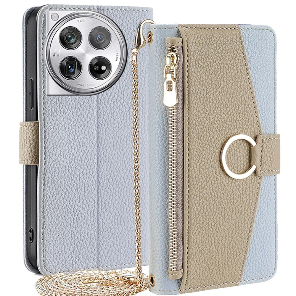 For OnePlus 12 5G Case PU Leather+TPU Zipper Pockets Phone Cover with Mirror and Card Slots - Blue - 1