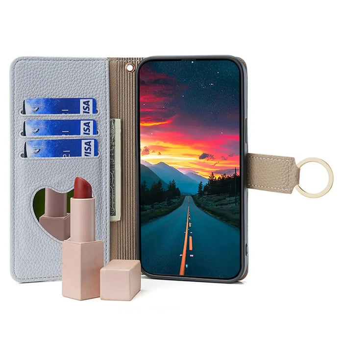 For OnePlus 12 5G Case PU Leather+TPU Zipper Pockets Phone Cover with Mirror and Card Slots - Blue - 2