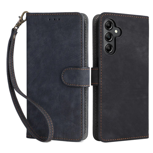 For Samsung Galaxy A15 5G / 4G Case RFID Blocking Phone Stand Cover Card Pouch with Hand Strap - Black - 1