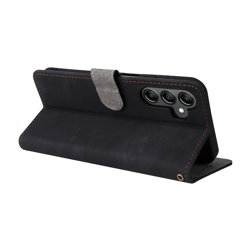 For Samsung Galaxy A15 5G / 4G Case RFID Blocking Phone Stand Cover Card Pouch with Hand Strap - Black - 4
