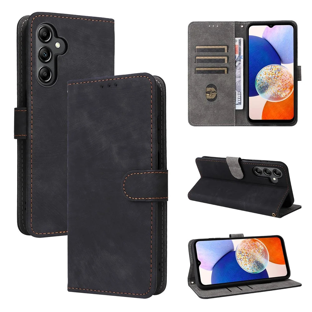 For Samsung Galaxy A15 5G / 4G Case RFID Blocking Phone Stand Cover Card Pouch with Hand Strap - Black - 7