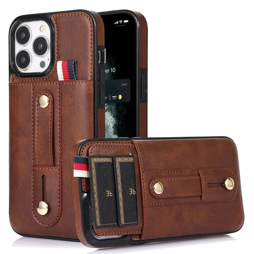 For iPhone 12 / 12 Pro 6.1 inch Cell Phone Case Retro PU Leather+TPU Cover with Retractable Strap Kickstand - Brown - 1