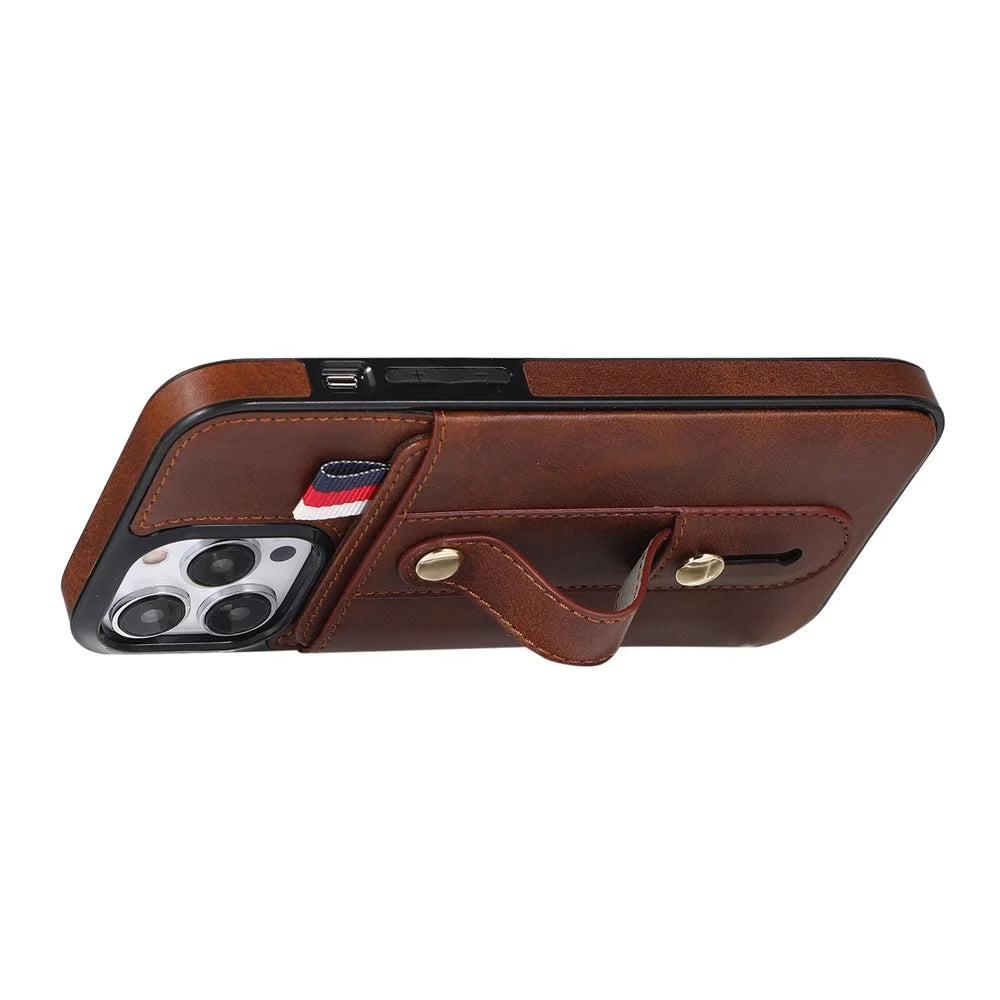 For iPhone 12 / 12 Pro 6.1 inch Cell Phone Case Retro PU Leather+TPU Cover with Retractable Strap Kickstand - Brown - 2