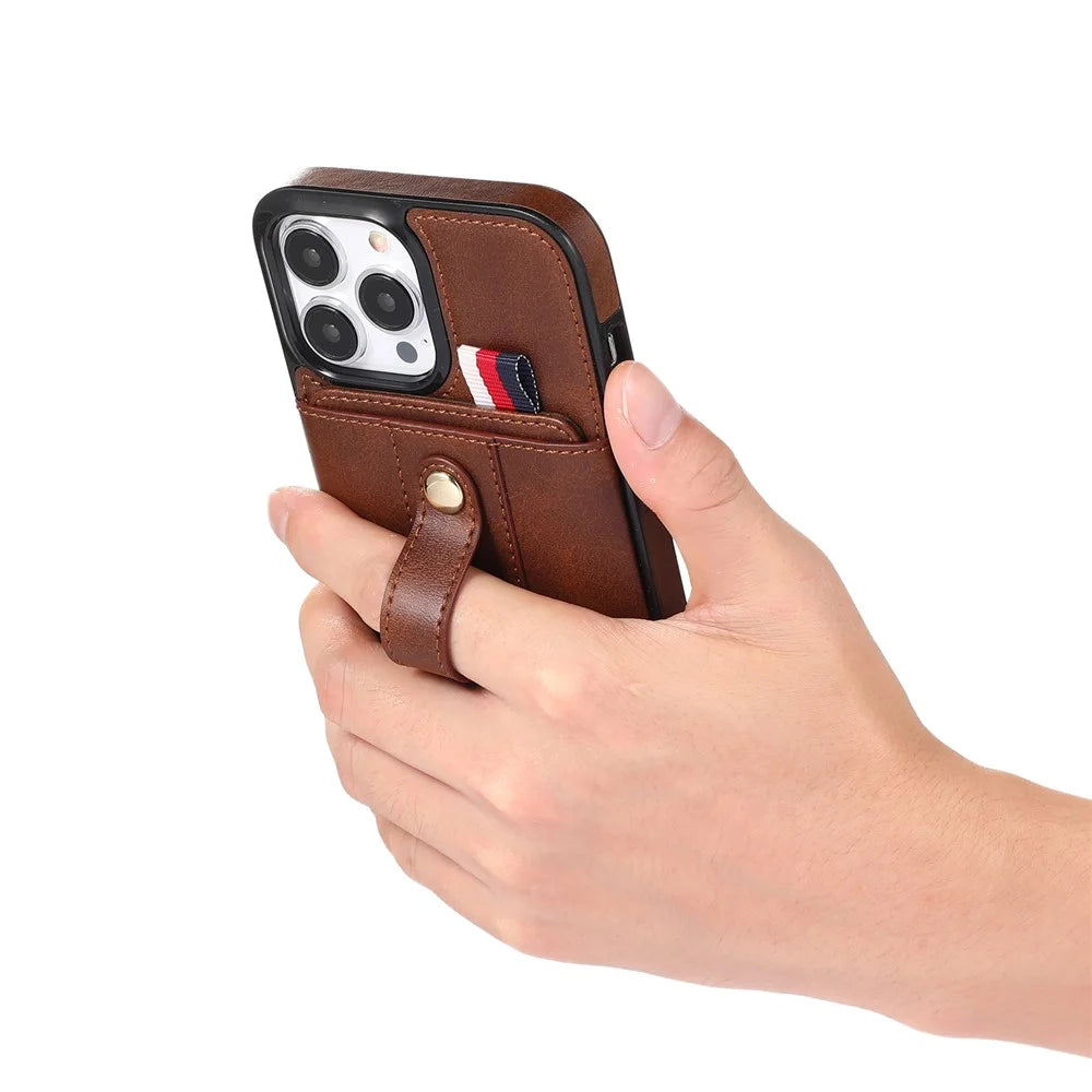 For iPhone 12 / 12 Pro 6.1 inch Cell Phone Case Retro PU Leather+TPU Cover with Retractable Strap Kickstand - Brown - 3