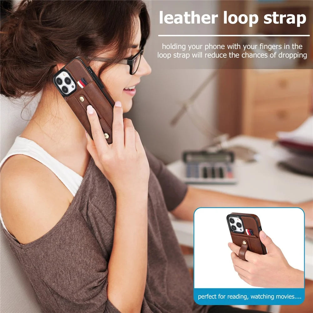 For iPhone 12 / 12 Pro 6.1 inch Cell Phone Case Retro PU Leather+TPU Cover with Retractable Strap Kickstand - Brown - 6