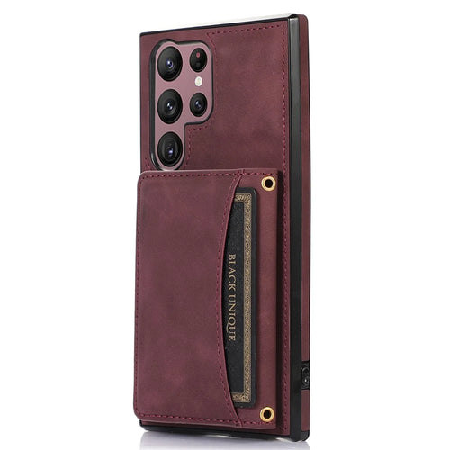 For Samsung Galaxy S24 Ultra Cell Phone Case Tri-fold Wallet Kickstand PU Leather Coated TPU Cover - Wine Red - 1