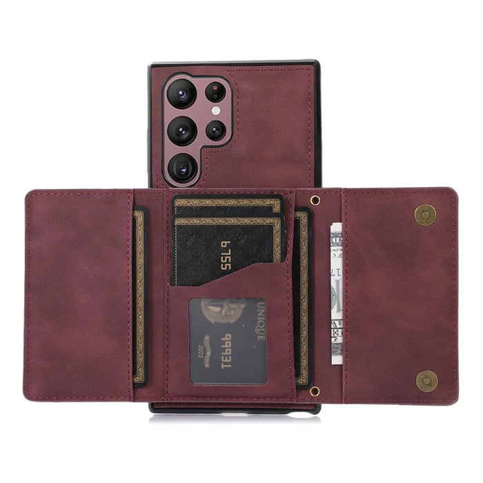 For Samsung Galaxy S24 Ultra Cell Phone Case Tri-fold Wallet Kickstand PU Leather Coated TPU Cover - Wine Red - 2