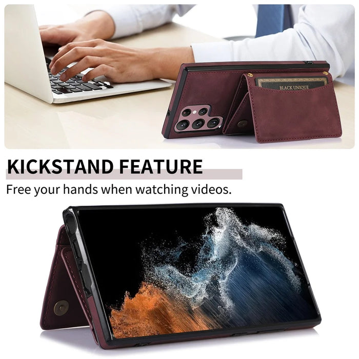 For Samsung Galaxy S24 Ultra Cell Phone Case Tri-fold Wallet Kickstand PU Leather Coated TPU Cover - Wine Red - 4
